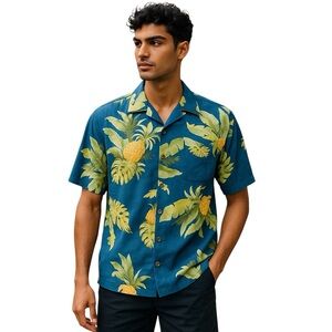 Vintage Jamaica Jaxx 100% Silk Hawaiian Shirt Mens  Large Blue Pineapple Floral